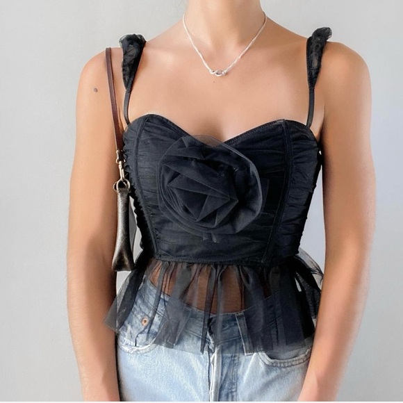 URBAN OUTFITTERS | NWT OUT FROM UNDER ROSEABEL TULLE ROSETTE CORSET IN BLACK SMA - Picture 2 of 6